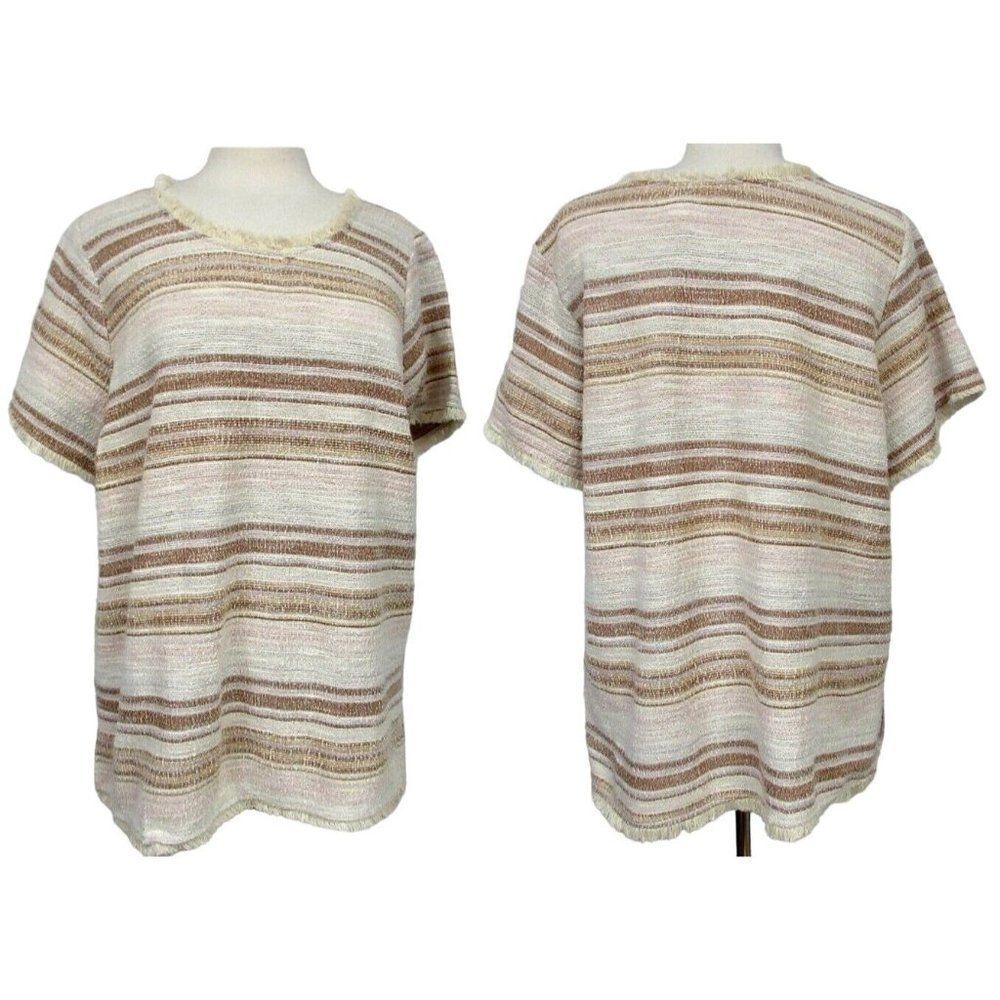 Woven Cotton Pullover Tunic Top Fringed Edges Neutrals Green Envelope LA 3X NEW
